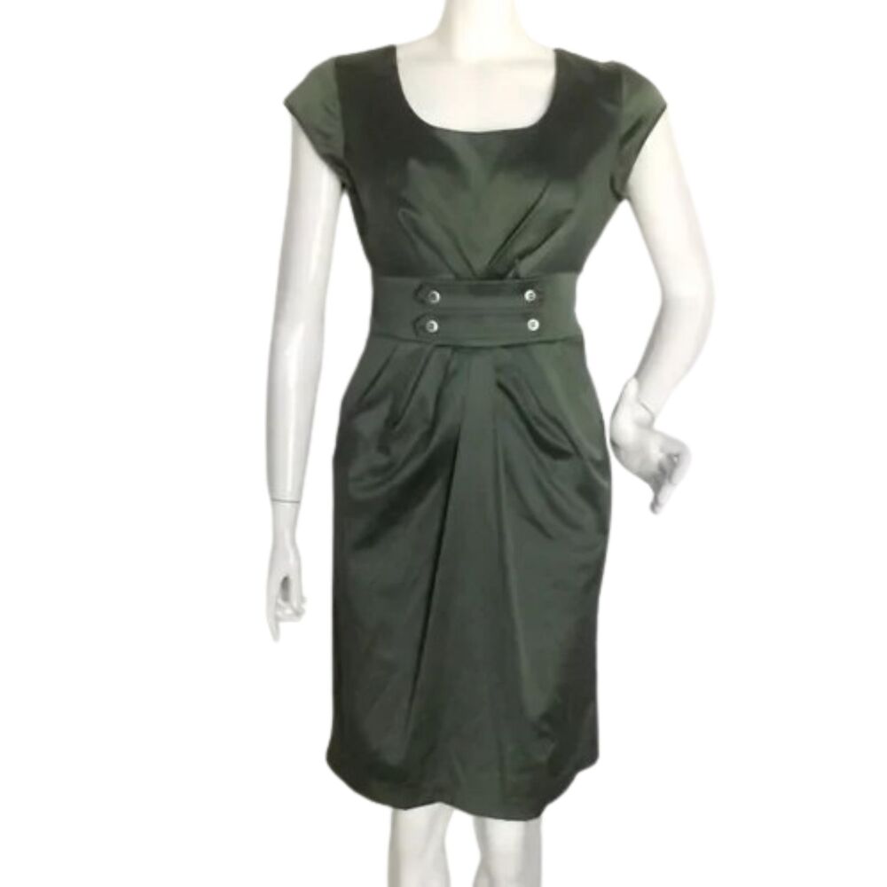 JODY Dress, 7/8, Olive Green, Origami folds, Cap sleeve, Satiny, VINTAGE